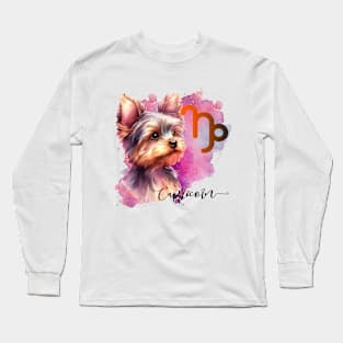 Capricorn Zodiac Sign Cute Yorkshire Terrier Watercolor Art Long Sleeve T-Shirt